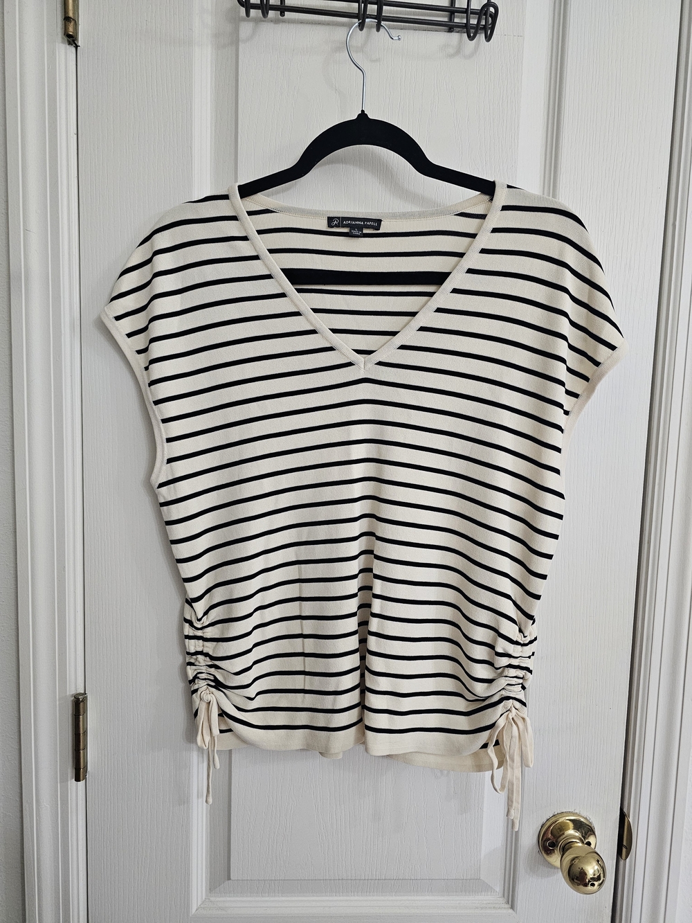 Adrianna Papell Cream and Black Striped V-Neck Drawstring Top